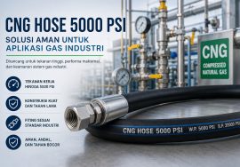 CNG hose coiled in the foreground with industrial piping and a green CNG sign in the background of a gas plant scene.