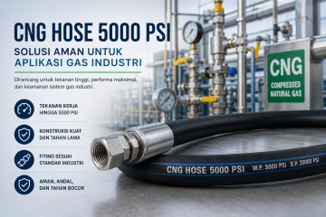 CNG hose coiled in the foreground with industrial piping and a green CNG sign in the background of a gas plant scene.