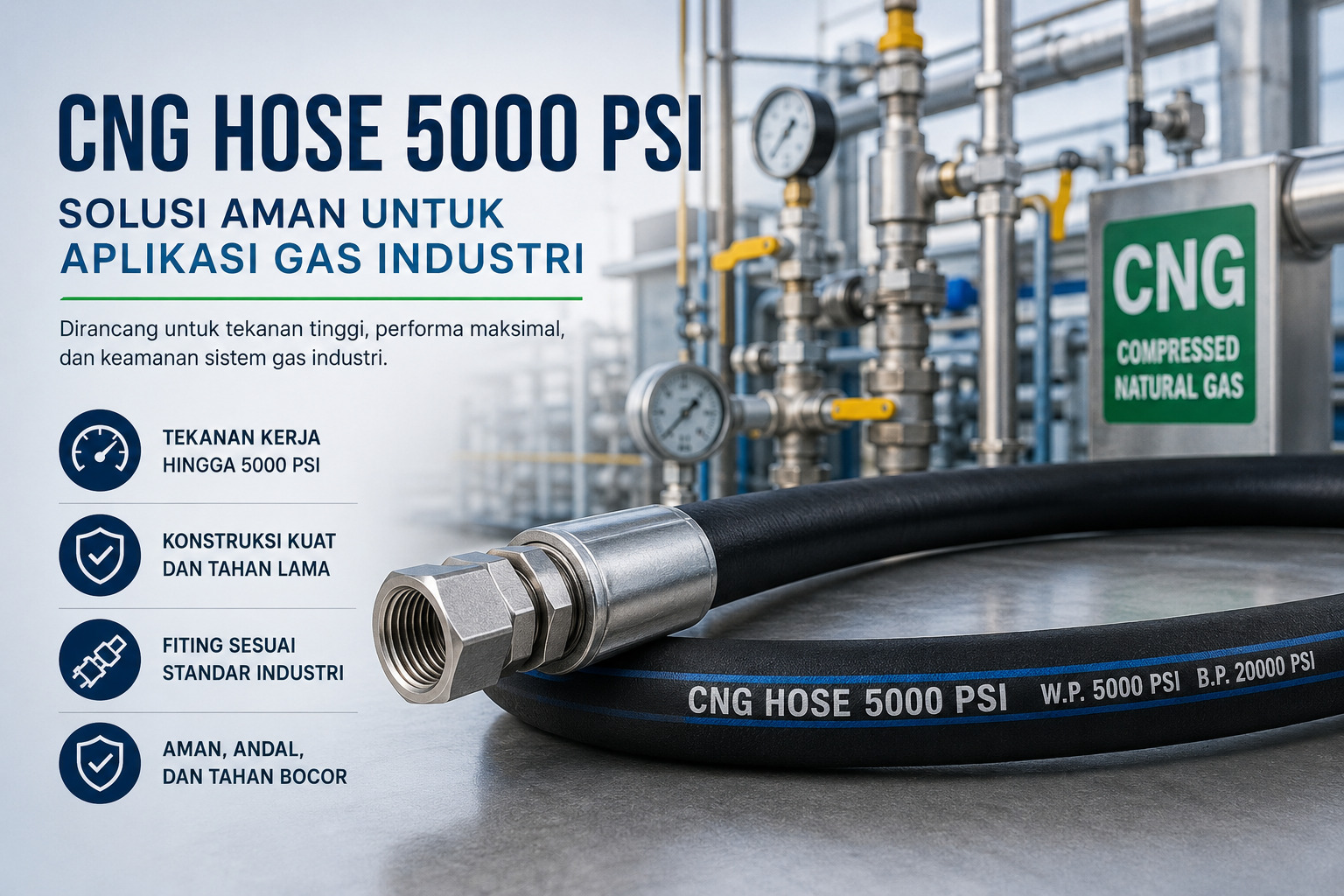 CNG hose coiled in the foreground with industrial piping and a green CNG sign in the background of a gas plant scene.