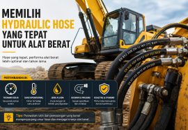 Banner iklan industri: memilih hose hidraulik tepat untuk alat berat; ekskavator kuning di latar belakang dengan selang hidrolik di depan serta panel informasi berikon di bagian bawah kiri tidak terlalu deskriptif tentang objek