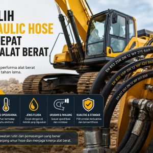 Banner iklan industri: memilih hose hidraulik tepat untuk alat berat; ekskavator kuning di latar belakang dengan selang hidrolik di depan serta panel informasi berikon di bagian bawah kiri tidak terlalu deskriptif tentang objek