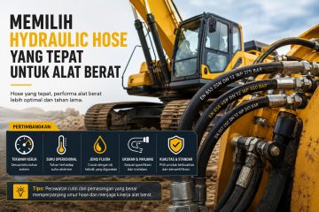 Banner iklan industri: memilih hose hidraulik tepat untuk alat berat; ekskavator kuning di latar belakang dengan selang hidrolik di depan serta panel informasi berikon di bagian bawah kiri tidak terlalu deskriptif tentang objek