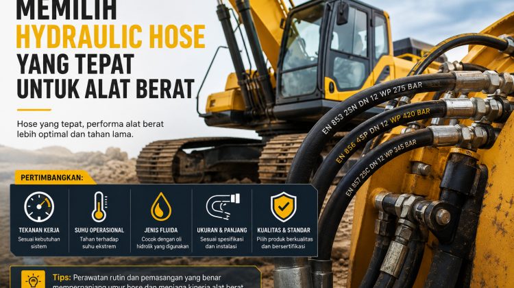 Banner iklan industri: memilih hose hidraulik tepat untuk alat berat; ekskavator kuning di latar belakang dengan selang hidrolik di depan serta panel informasi berikon di bagian bawah kiri tidak terlalu deskriptif tentang objek