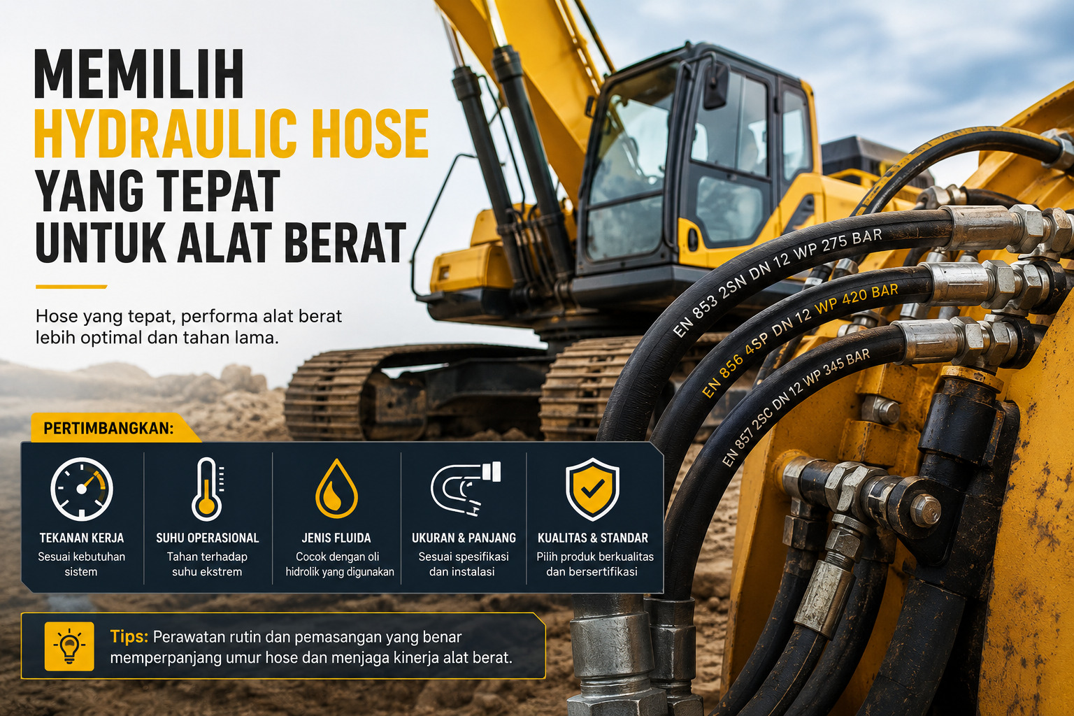 Banner iklan industri: memilih hose hidraulik tepat untuk alat berat; ekskavator kuning di latar belakang dengan selang hidrolik di depan serta panel informasi berikon di bagian bawah kiri tidak terlalu deskriptif tentang objek