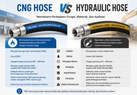 Infographic comparing CNG hose and hydraulic hose, showing two hoses with labeled sections and Indonesian text explaining differences in function, material, and application.