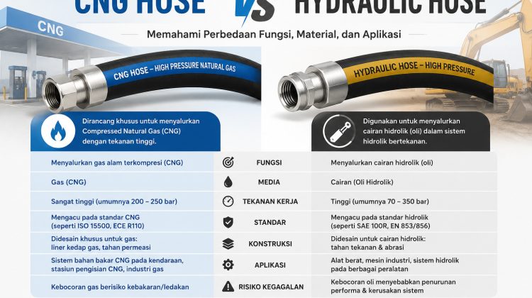 Infographic comparing CNG hose and hydraulic hose, showing two hoses with labeled sections and Indonesian text explaining differences in function, material, and application.