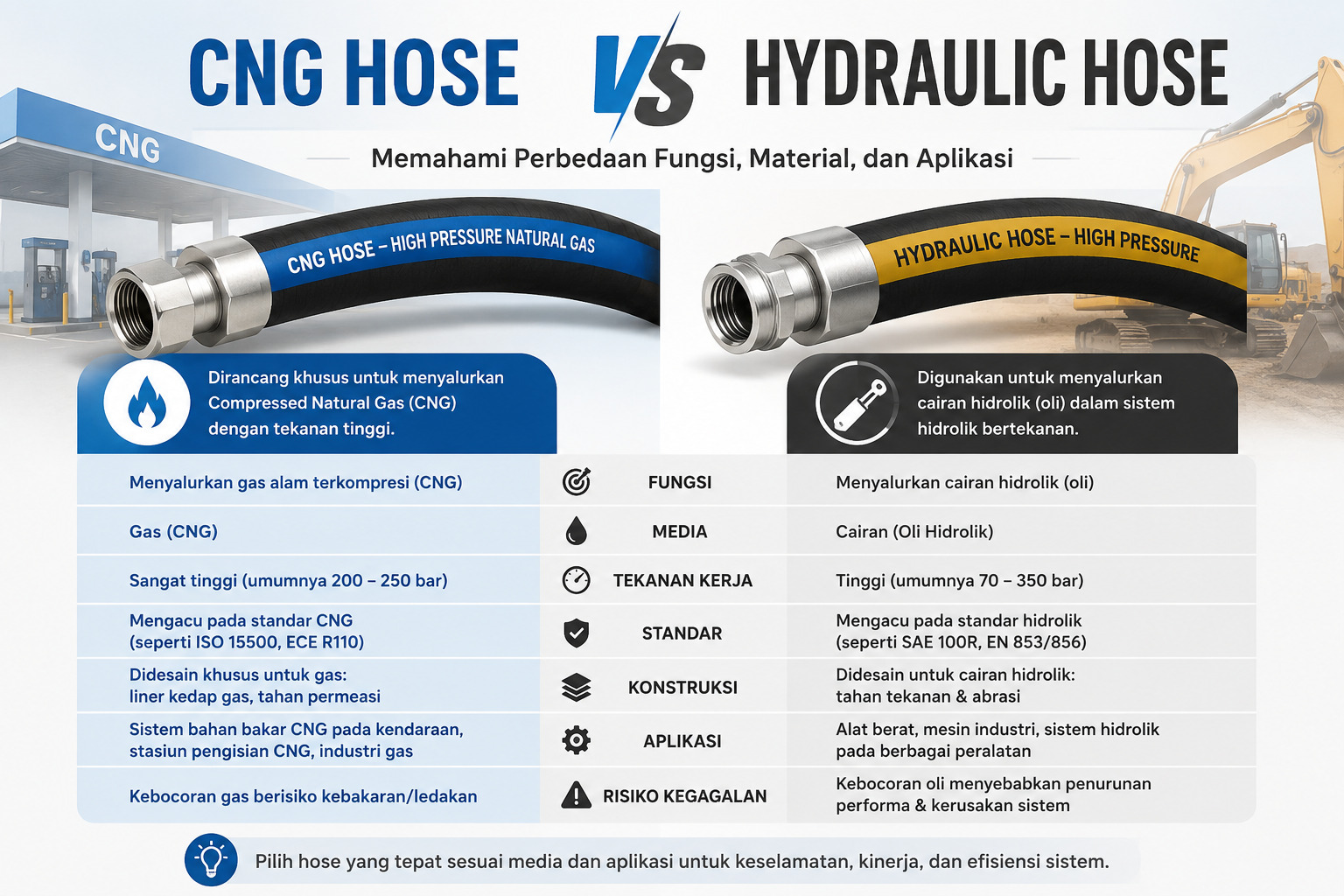 Infographic comparing CNG hose and hydraulic hose, showing two hoses with labeled sections and Indonesian text explaining differences in function, material, and application.