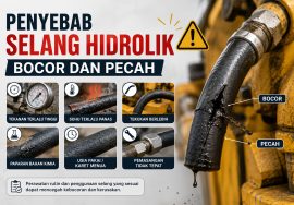 Infografik bahaya selang hidrolik bocor dan pecah dengan ikon peringatan plus enam tips perawatan kebocoran dan kerusakan mesin.