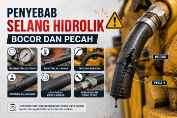 Infografik bahaya selang hidrolik bocor dan pecah dengan ikon peringatan plus enam tips perawatan kebocoran dan kerusakan mesin.