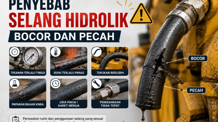 Infografik bahaya selang hidrolik bocor dan pecah dengan ikon peringatan plus enam tips perawatan kebocoran dan kerusakan mesin.