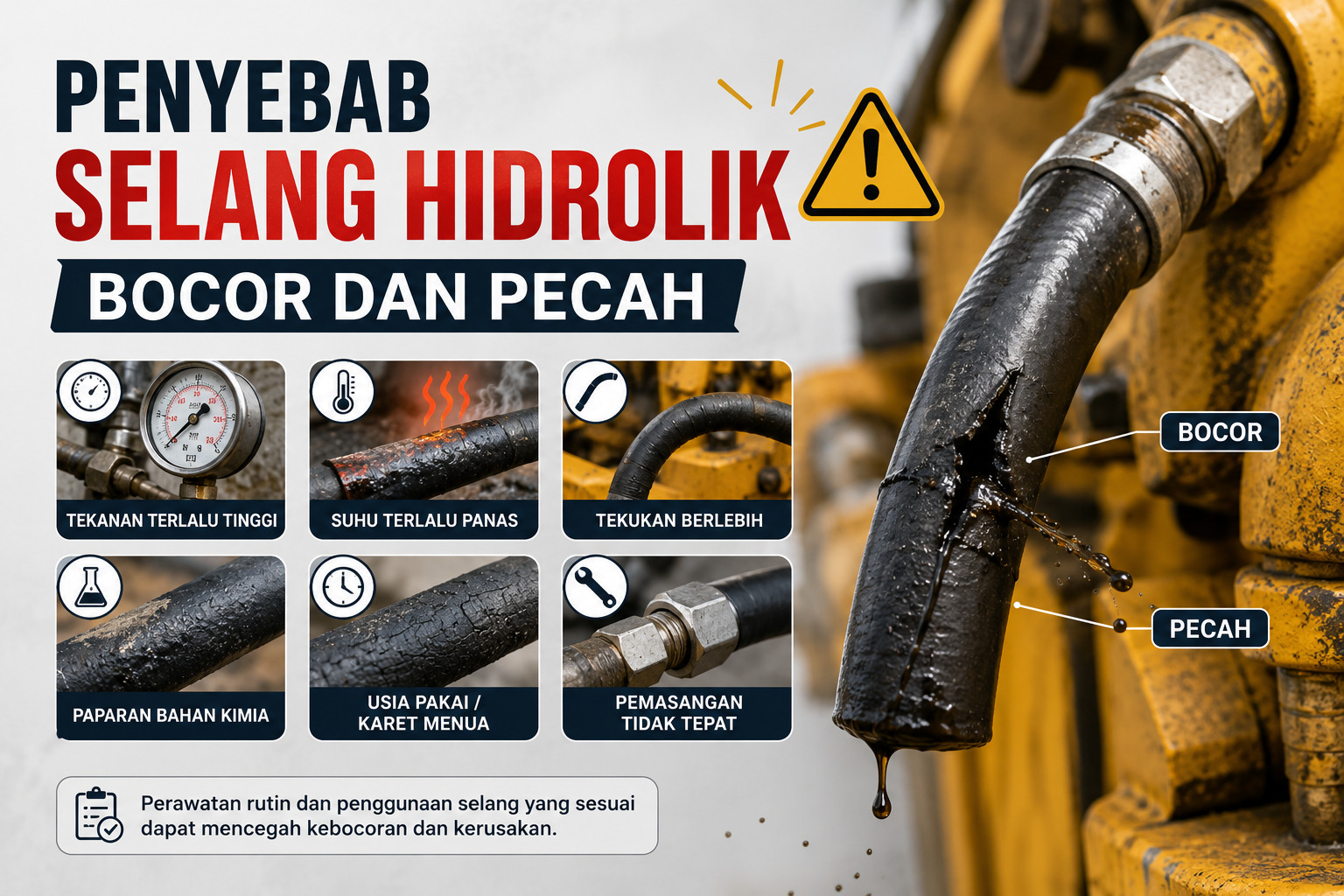 Infografik bahaya selang hidrolik bocor dan pecah dengan ikon peringatan plus enam tips perawatan kebocoran dan kerusakan mesin.