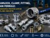 Industrial hose fittings and couplings laid out on a workbench with a blue banner announcing essential accessories for industrial hoses (Camlock, clamp, ferrule).