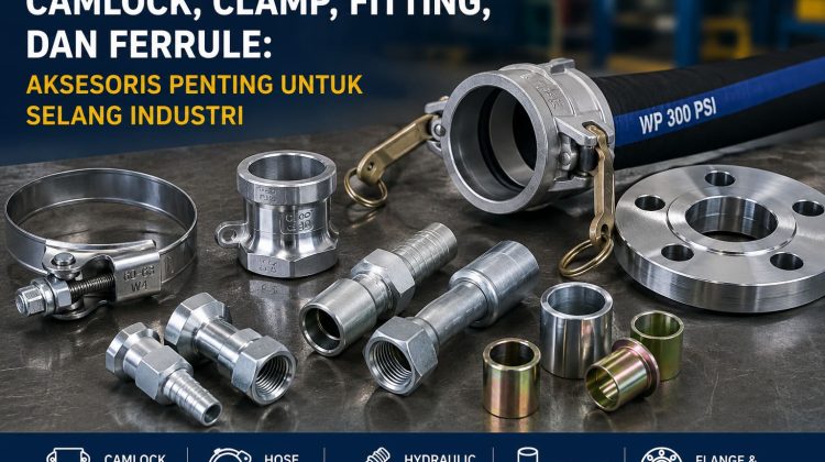 Industrial hose fittings and couplings laid out on a workbench with a blue banner announcing essential accessories for industrial hoses (Camlock, clamp, ferrule).