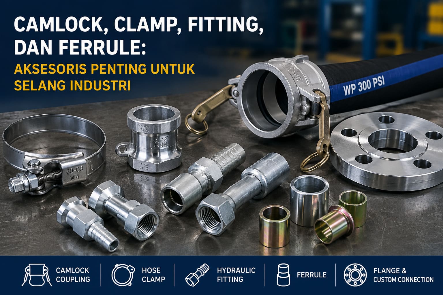 Industrial hose fittings and couplings laid out on a workbench with a blue banner announcing essential accessories for industrial hoses (Camlock, clamp, ferrule).