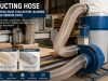Industrial ducting hose system connected to a blue blower in a woodworking workshop; banner promotes PU and PVC ducting hoses for dust collectors and wood dust.