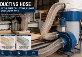 Industrial ducting hose system connected to a blue blower in a woodworking workshop; banner promotes PU and PVC ducting hoses for dust collectors and wood dust.