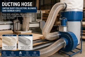 Industrial ducting hose system connected to a blue blower in a woodworking workshop; banner promotes PU and PVC ducting hoses for dust collectors and wood dust.