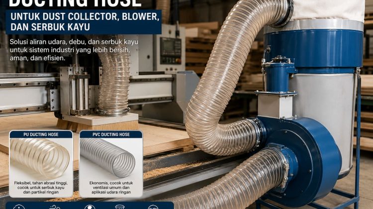 Industrial ducting hose system connected to a blue blower in a woodworking workshop; banner promotes PU and PVC ducting hoses for dust collectors and wood dust.