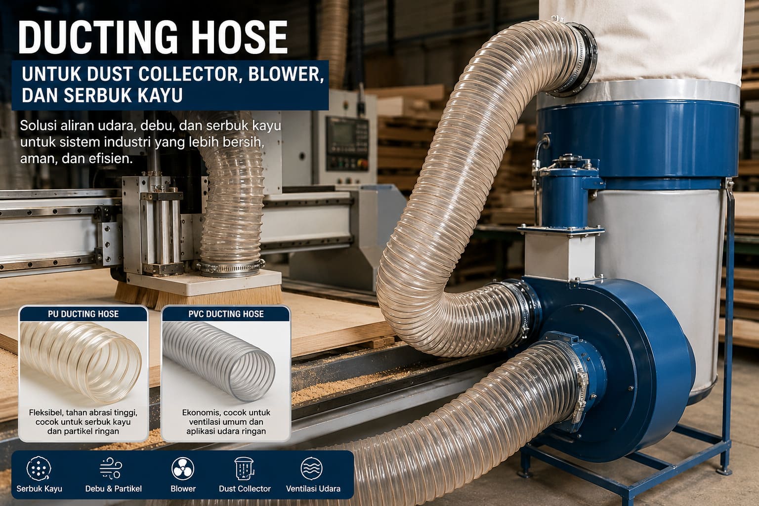 Industrial ducting hose system connected to a blue blower in a woodworking workshop; banner promotes PU and PVC ducting hoses for dust collectors and wood dust.