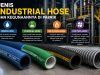 Industrial hoses in blue, green, orange, and purple with labels: Water Hose, Chemical Hose, Oil & Fuel Hose, Ducting Hose; Indonesian descriptions and icons explain uses in a factory setting.