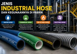 Industrial hoses in blue, green, orange, and purple with labels: Water Hose, Chemical Hose, Oil & Fuel Hose, Ducting Hose; Indonesian descriptions and icons explain uses in a factory setting.