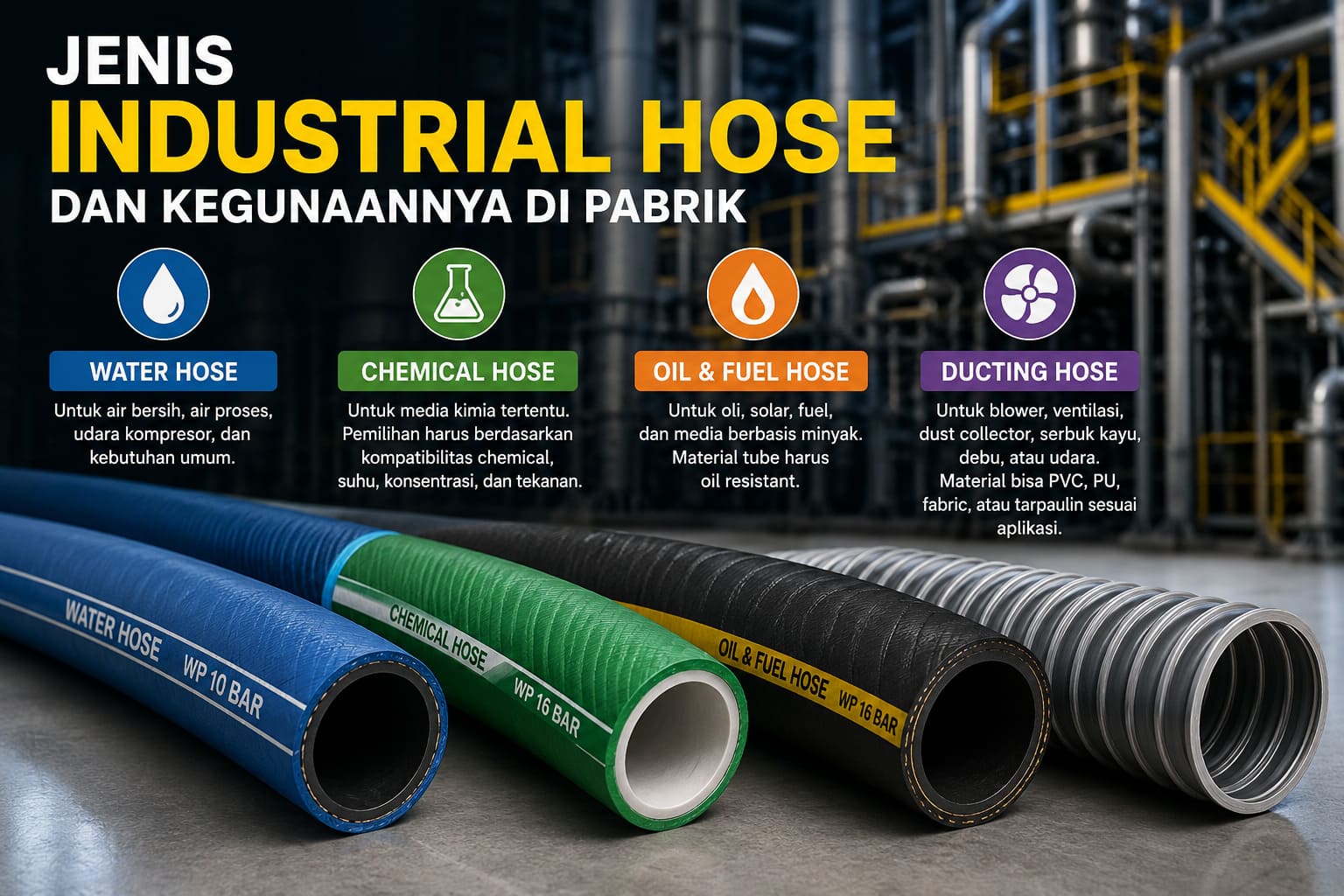 Industrial hoses in blue, green, orange, and purple with labels: Water Hose, Chemical Hose, Oil & Fuel Hose, Ducting Hose; Indonesian descriptions and icons explain uses in a factory setting.