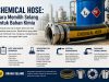 Hero image for a guide on choosing chemical hoses; shows a large industrial hose with yellow label in a chemical plant setting