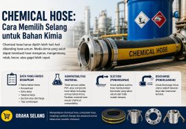 Hero image for a guide on choosing chemical hoses; shows a large industrial hose with yellow label in a chemical plant setting