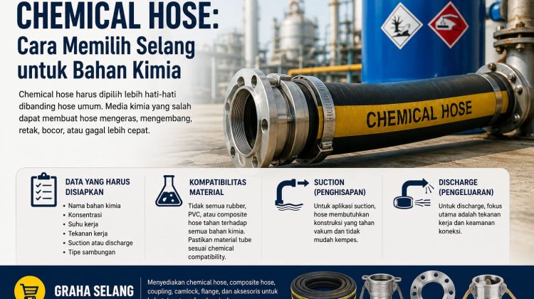 Hero image for a guide on choosing chemical hoses; shows a large industrial hose with yellow label in a chemical plant setting