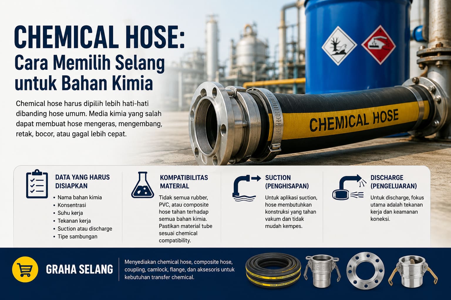Hero image for a guide on choosing chemical hoses; shows a large industrial hose with yellow label in a chemical plant setting