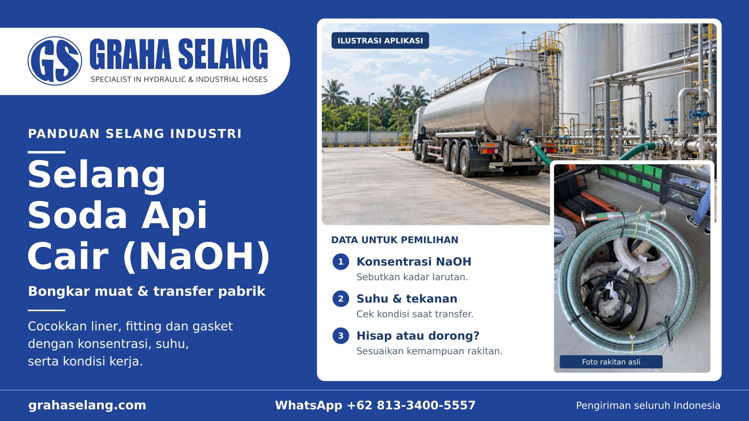 Selang Soda Api Cair (NaOH) untuk Bongkar Muat Truk Tangki dan Transfer Pabrik